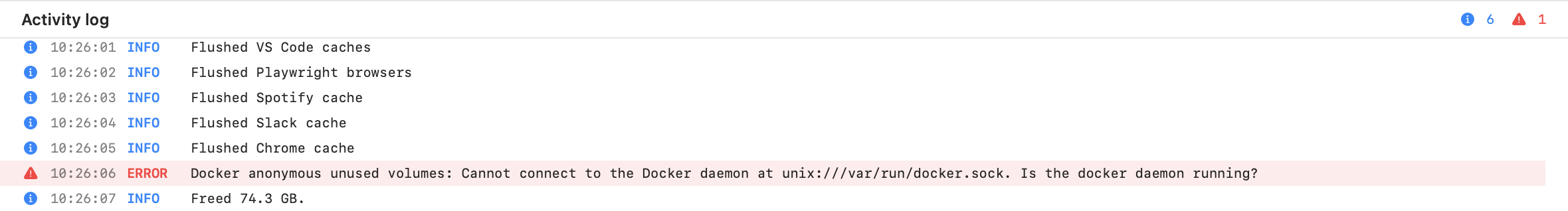 Activity log after a flush with one error line